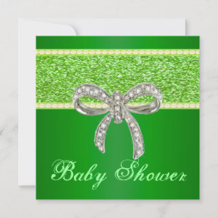 Green Glitter Diamond Bow Baby Shower Invitation