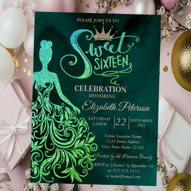 Green Glitter Dress,Diamonds Green Sweet 16 Invitation (Creator Uploaded)