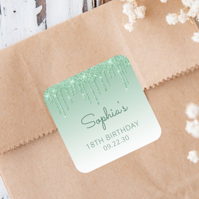 Green Glitter Drip 18th Birthday Square Sticker (Creator Uploaded)