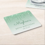 Green Glitter Drip 30th Birthday Party Square Square Paper Coaster<br><div class="desc">These chic,  girly 30th birthday party paper coasters feature a sparkly green faux glitter drip border and green ombre background. Personalise them with the guest of honour's name in green handwriting script,  with her birthday and date below in sans serif font.</div>