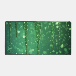 Green Glitter Drip Background With Sparkling Bokeh Desk Mat
