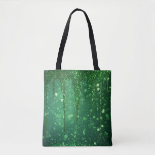 Green Glitter Drip Background With Sparkling Bokeh Tote Bag