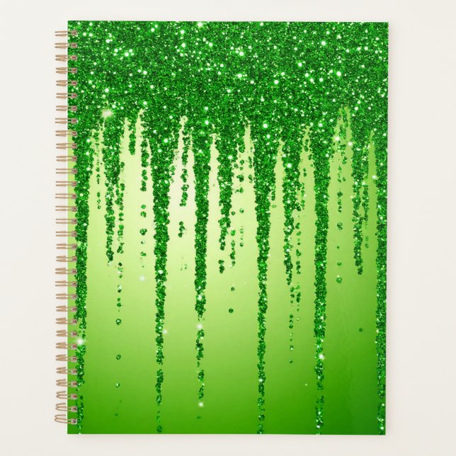 Green Glitter Drip Background With Sparkling Planner (Front)