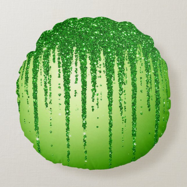 Green Glitter Drip Background With Sparkling Round Cushion (Front)