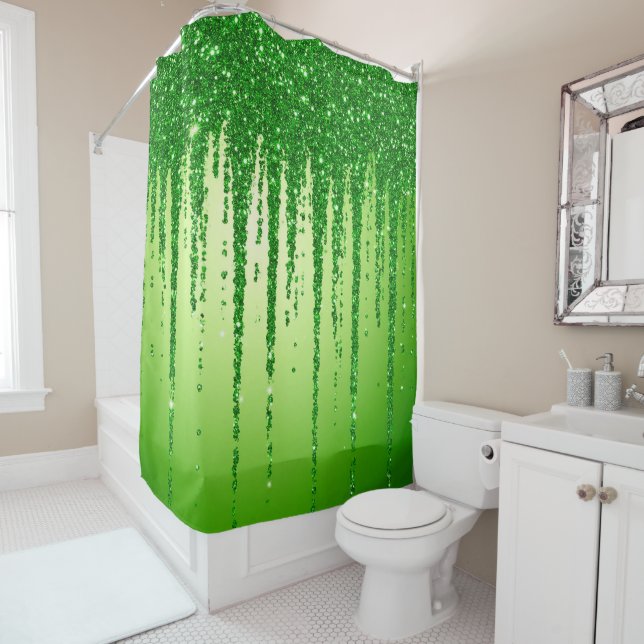 Green Glitter Drip Background With Sparkling Shower Curtain (In Situ)