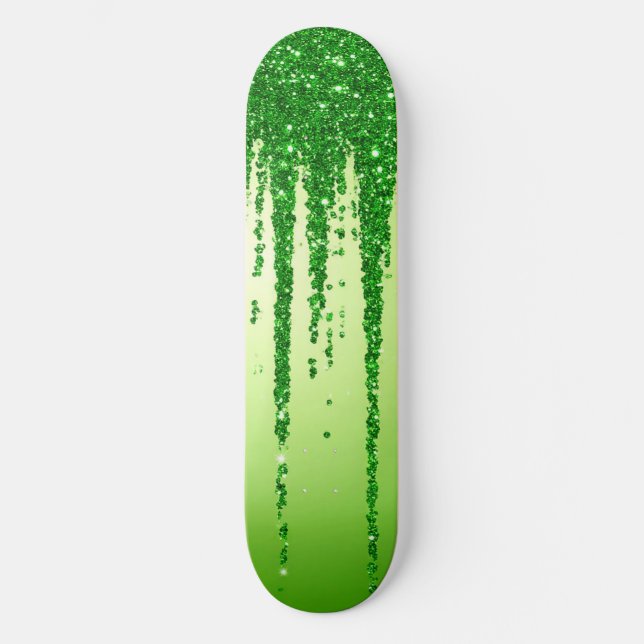 Green Glitter Drip Background With Sparkling Skateboard (Front)