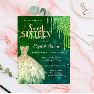 Green Glitter Drips,Gold Dress Stars Sweet 16 Invitation