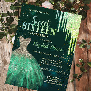 Green Glitter Drips,Green Dress Sweet 16 Invitation