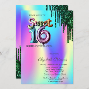 Green Glitter Drips Holographic Balloon Sweet 16  Invitation
