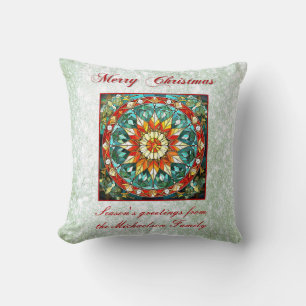 Green Glitter Effect Stained Glass Floral Mandala Cushion