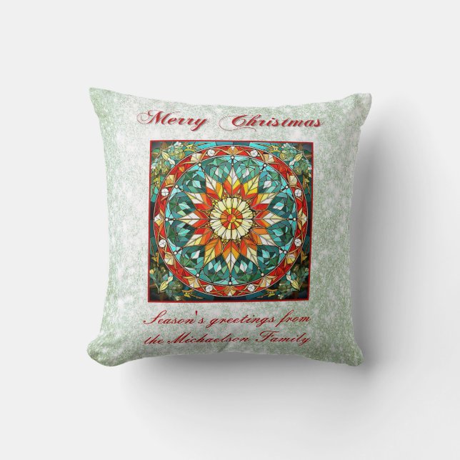 Green Glitter Effect Stained Glass Floral Mandala Cushion (Front)