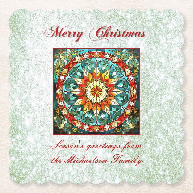Green Glitter Effect Stained Glass Floral Mandala Paper Coaster (Front)