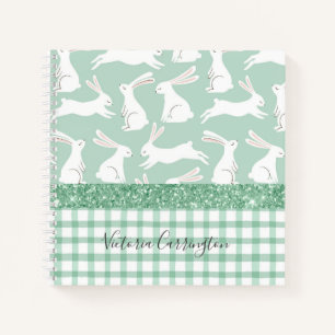 Green Glitter Gingham Plaid Rabbits Name  Notebook