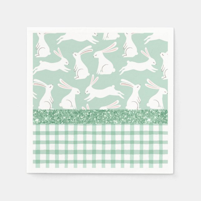 Green Glitter Gingham Plaid Rabbits Napkin (Front)