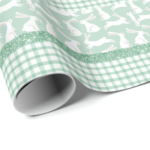 Green Glitter Gingham Plaid Rabbits Wrapping Paper