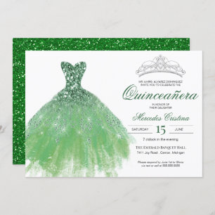 Green Glitter Glam Gown Quinceañera Invitation