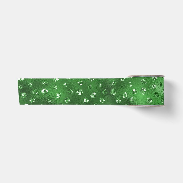 Green Glitter Glam Polka Dots Pattern Satin Ribbon (Front)