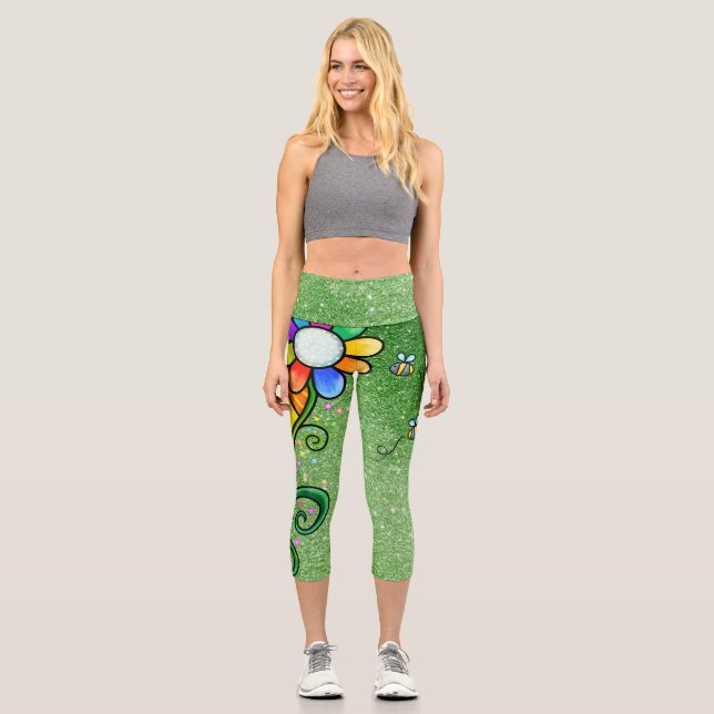 Green Glitter Glam - Retro Flower ,Sunshine, Bees Capri Leggings (Front)