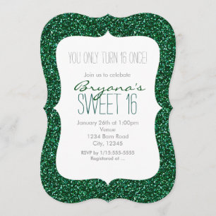 Green Glitter Glam Sweet 16 Birthday Invitations
