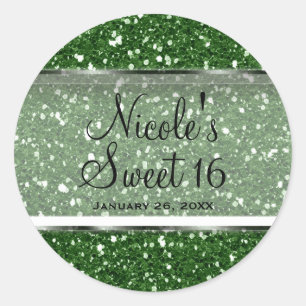 Green Glitter Glam Sweet 16 Custom Party Favour Classic Round Sticker