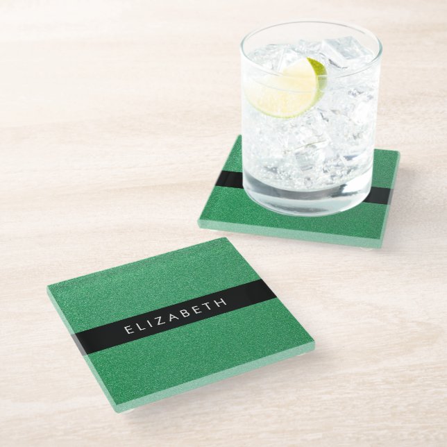 Green Glitter, Glitter Background, Your Name Glass Coaster (Angled)