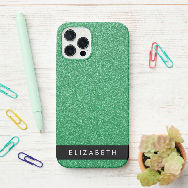 Green Glitter, Glitter Background, Your Name iPhone Case (On Desk)