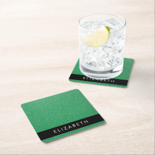Green Glitter, Glitter Background, Your Name Square Paper Coaster