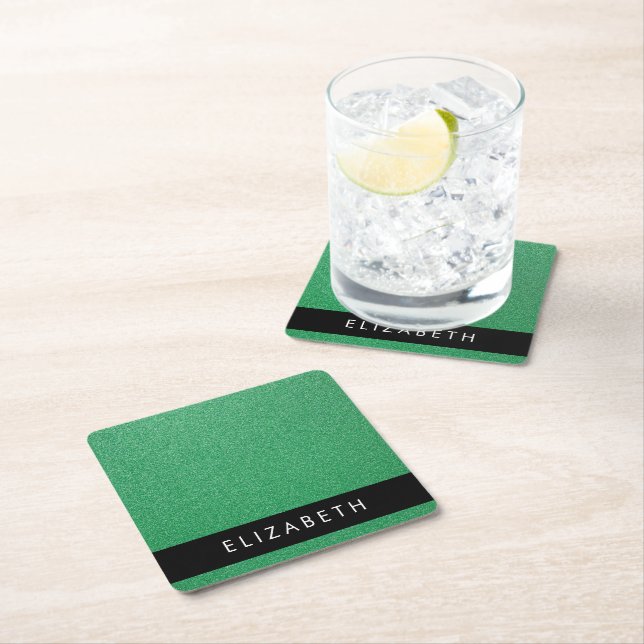 Green Glitter, Glitter Background, Your Name Square Paper Coaster (Insitu)