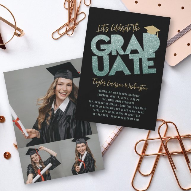 Green Glitter Graduate Cutout Graduation Party Invitation (Creator Uploaded)