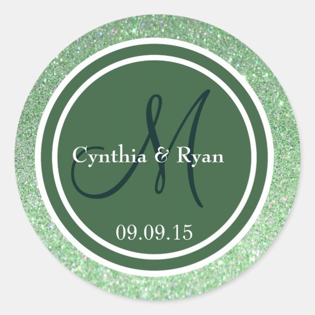 Green Glitter & Hunter Green Wedding Monogram Classic Round Sticker (Front)