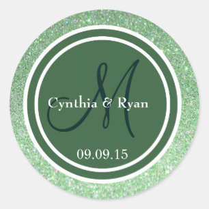 Green Glitter & Hunter Green Wedding Monogram Classic Round Sticker