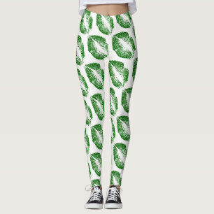Green Glitter Lips Modern White Leggings