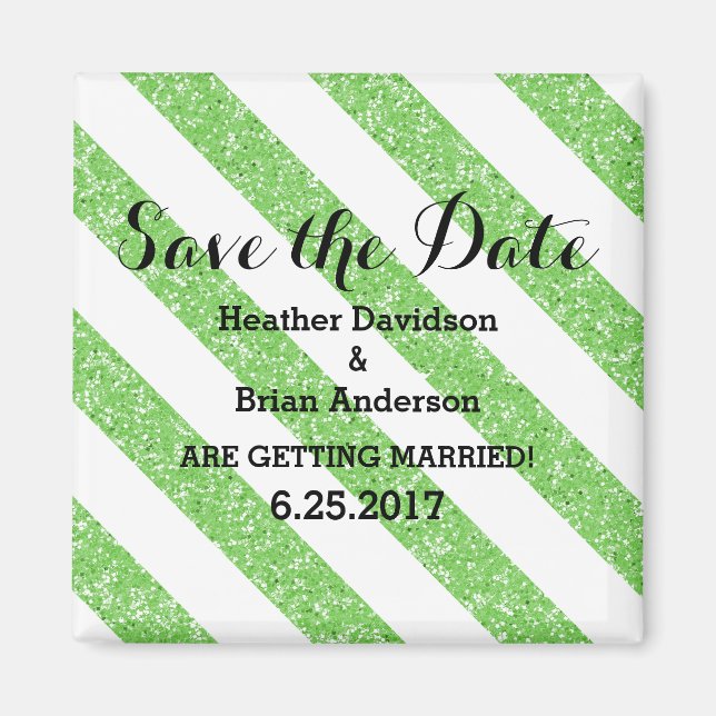 Green Glitter Look Stripes Save the Date Magnet (Front)