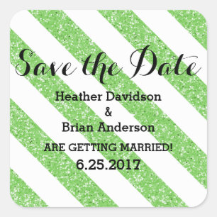 Green Glitter Look Stripes Save the Date Stickers