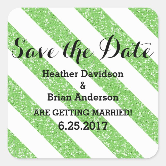 Green Glitter Look Stripes Save the Date Stickers (Front)