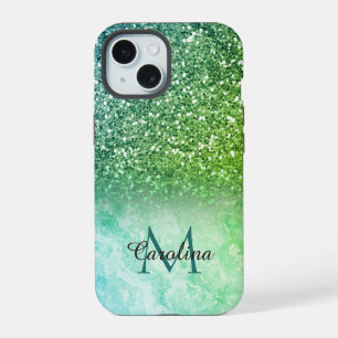 Green Glitter, Marble, Personalised iPhone 15 Case