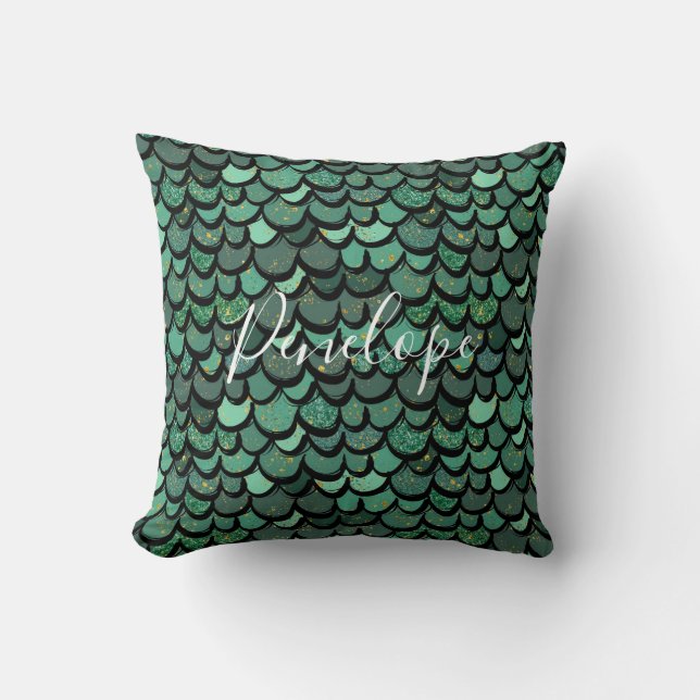 Green Glitter Mermaid or Dragon Scales Cushion (Front)
