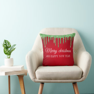 Green glitter merry christmas and happy new year cushion