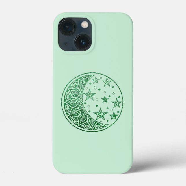 Green Glitter Moon and Stars Mandala Case-Mate iPhone Case (Back)