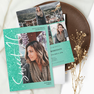 Green glitter ombre script 4 photos Sweet 16 Invitation