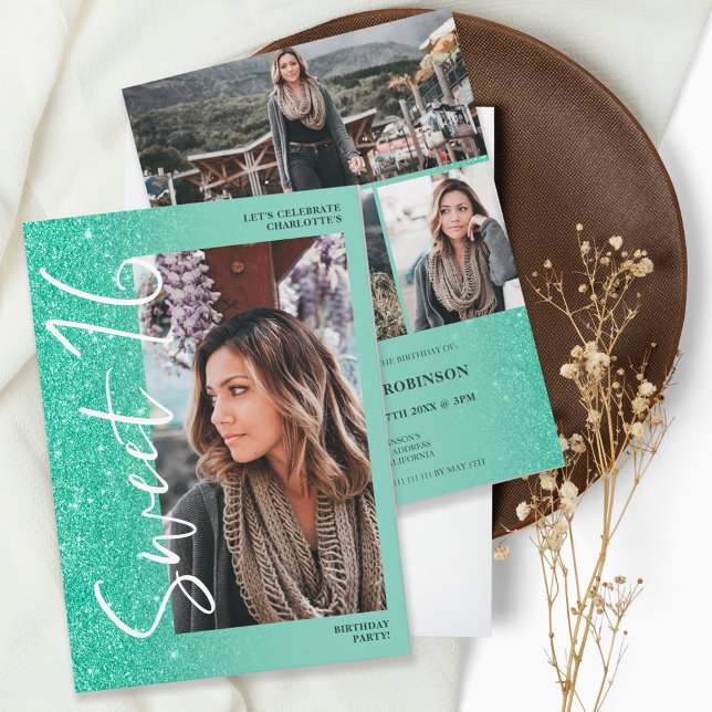 Green glitter ombre script 4 photos Sweet 16 Invitation (Creator Uploaded)