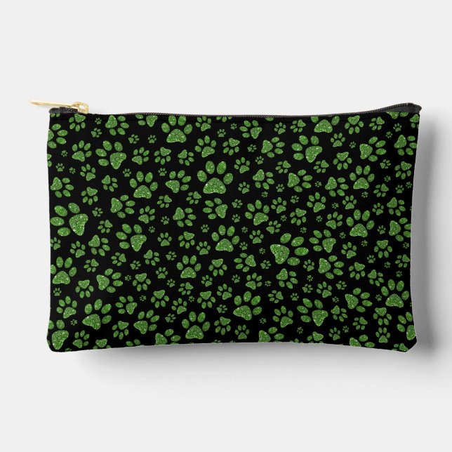 Green glitter paws sparkle effect black background accessory pouch (Front)