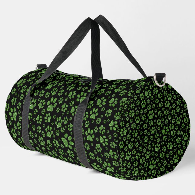 Green glitter paws sparkle effect black background duffle bag (Left Corner)