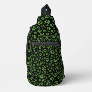 Green glitter paws sparkle effect black background sling bag