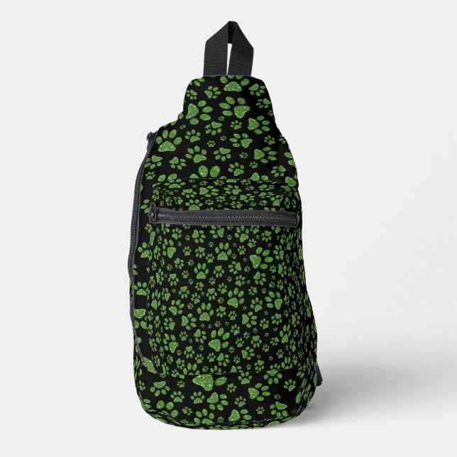 Green glitter paws sparkle effect black background sling bag (Front)