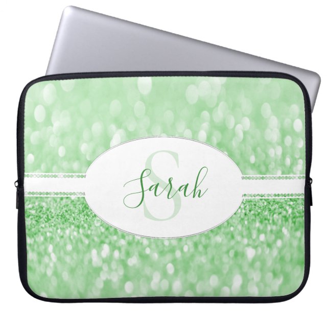 Green Glitter Personalise Laptop Sleeve (Front)