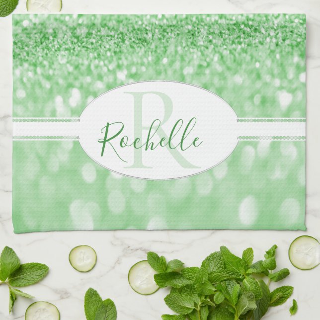 Green Glitter Personalised Kitchen Towel (Folded)