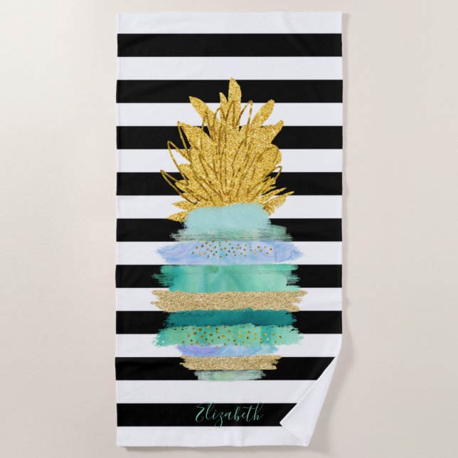 Green Glitter Pineapple Black White Stripes Beach Towel (Front)