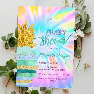 Green Glitter Pineapple Tie Dye Baby Shower Invitation