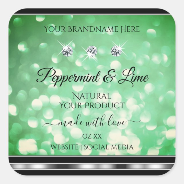 Green Glitter Product Labels with Sparkle Diamonds (Front)
